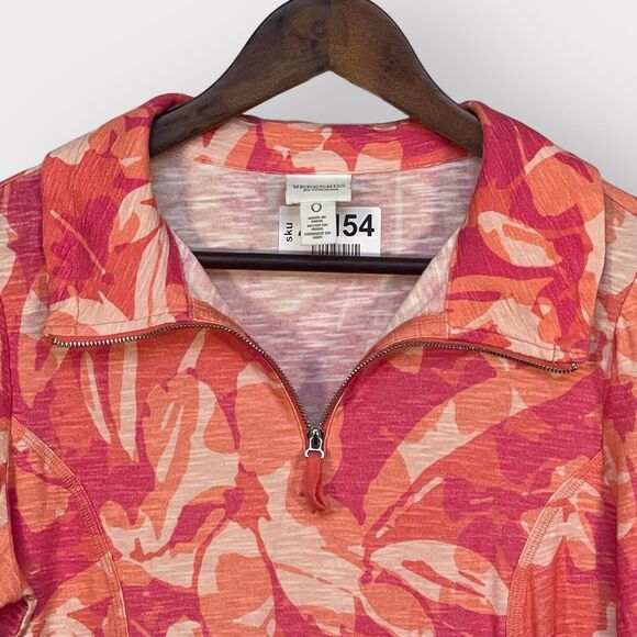 Chico's Weekends 1/4 Zip Top Women Size S/4 (0) Pink Floral 3/4 Sleeve Pockets - Picture 3 of 15